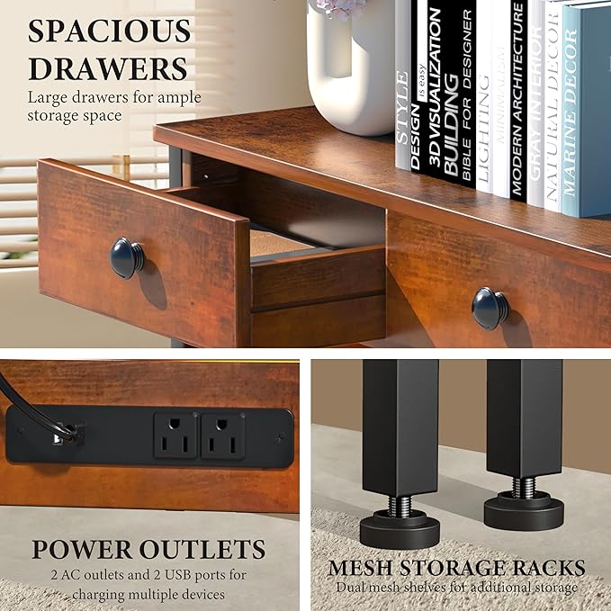 32" Entryway Table with Outlets: Console Table with 2 Wood Drawers and Storage Shelves, USB Ports, LED Light Strip, for Sofa, Living Room, Hallway, Foyer, Couch, and TV Stand