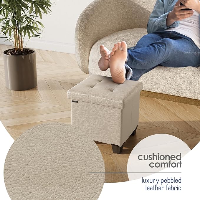 STORAGEBUD Storage Ottoman Cube with Small Bin, 16-in Square Ottoman with Storage for Living Room and Bedroom, Small Ottomans Foot Rest, Faux Leather Foot Stools Ottomans Max 330lbs, Beige