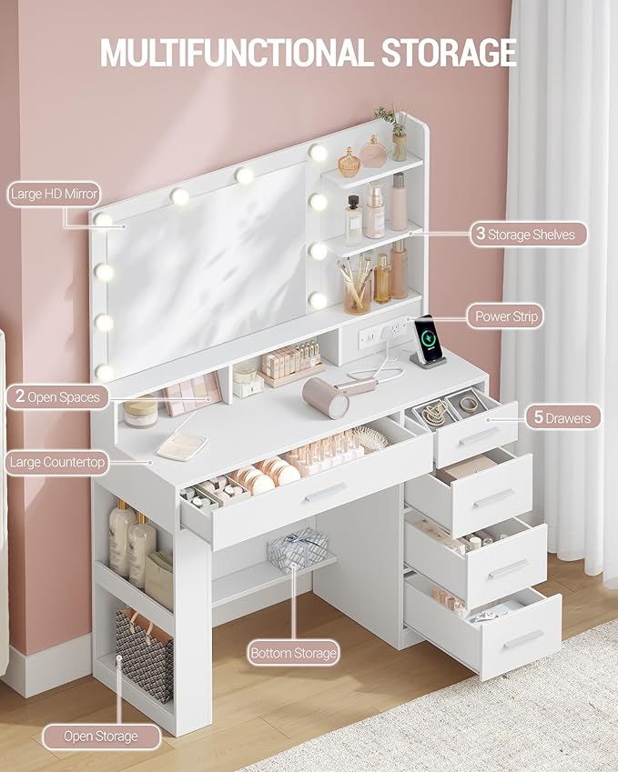 Vanity Desk with Large HD Mirror, Makeup Vanity with Led Lights, Dressing Table with Power Strip, 6 Storage Shelves, 5 Drawers and Side Open Storage, Simple, White