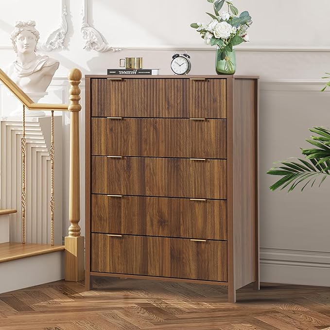 5 Drawer Dressers for Bedroom, Modern Closet Chest of Drawers with Waveform Fluted Panel, Large Wood Storage Dresser Organizer for Nursery Bedroom Living Room Hallway Closet, Walnut