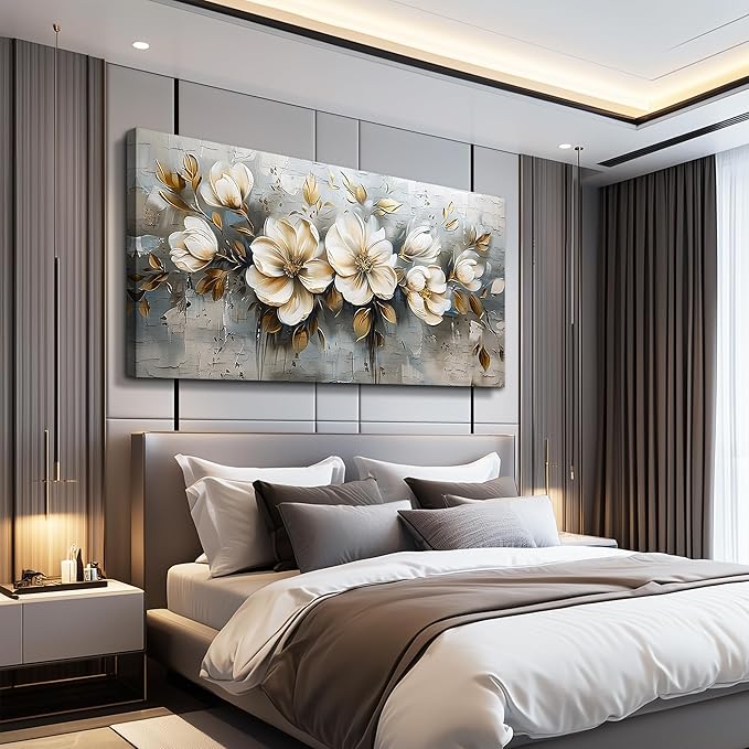 PHAOHUAXM Large Canvas Wall Decor Living Room For Wall Art For Bedroom Office Decorations Abstract White Flowers Wall Paintings Pictures Artwork Modern Framed Posters Home Decor Aesthetic 30"x60"