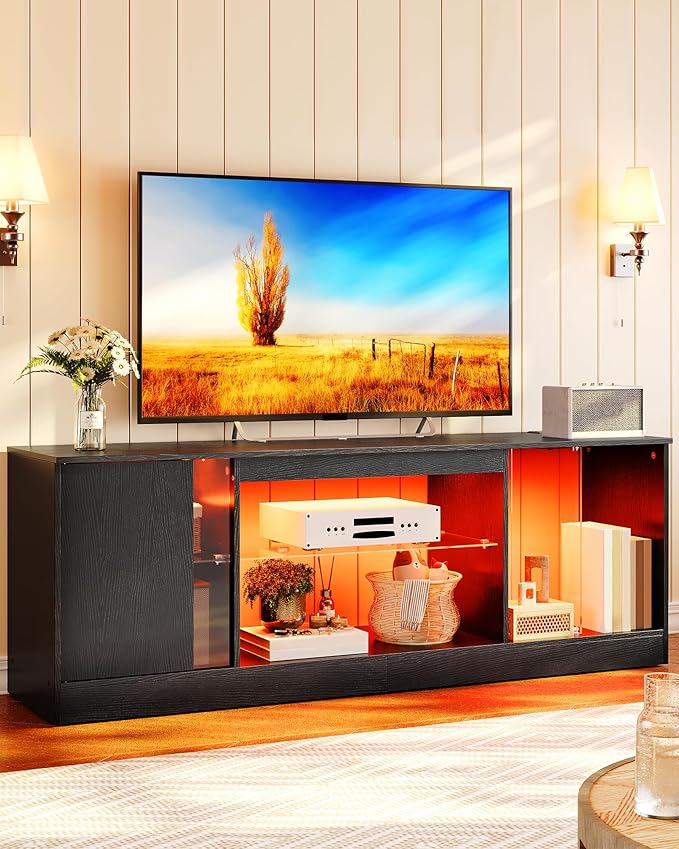 TV Stand with Power Outlets 55 65 inch, Modern Entertainment Center with Multi-Color LED Light, Media TV Console with Adjustable Glass Shelves for Living Room Black MDS01UDBB