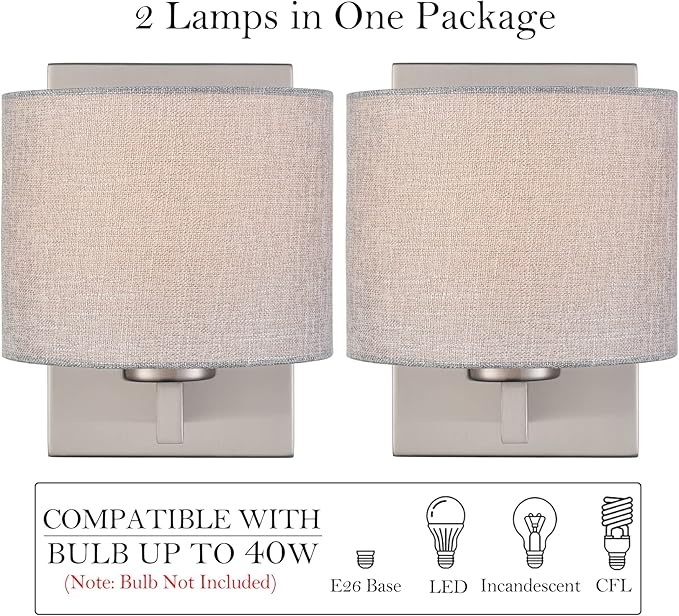 SAMTEEN Brushed Nickel Wall Sconces Set of Two Modern Fabric Shade Wall Lamp Drum Wall Sconce for Bedroom Hallway Living Room Bathroom