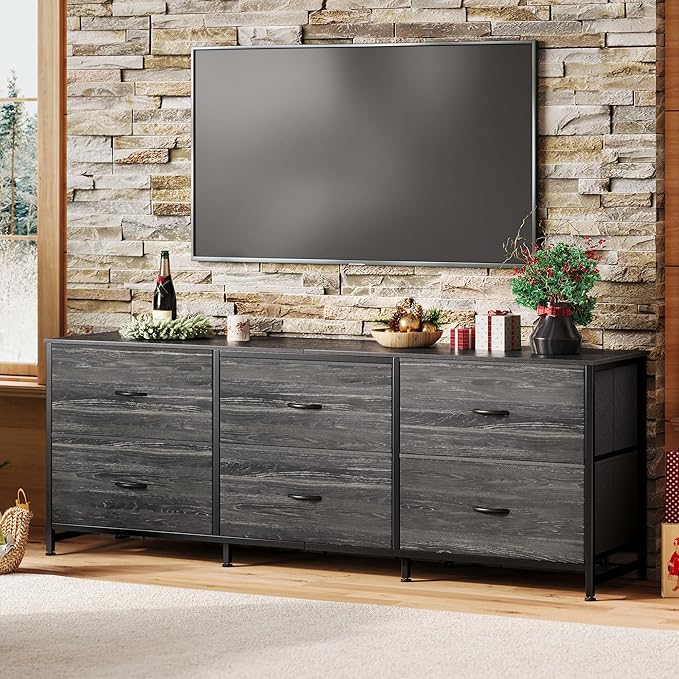 Huuger 63 Inch Long Dresser for Bedroom, TV Stand for 55, 65, 70 Inch TV, 6 Drawer Dresser for Closet with Fabric Drawers, Storage Organizer for Bedroom, Entryway, Charcoal Black Wood Grain Print