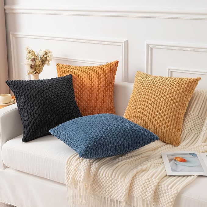 Kevin Textile Fall Throw Pillow Covers Soft Corduroy Decorative Set of 2 Boho Striped Pillow Covers Pillowcases Farmhouse Home Decor for Couch Bed Sofa Living Room 24x24 Inch Orange Yellow