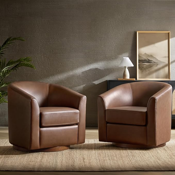 HULALA HOME Genuine Leather Swivel Accent Chairs Set of 2 with Solid Wood Base, Round Swivel Barrel Chairs for Living Room and Bedroom, Brown