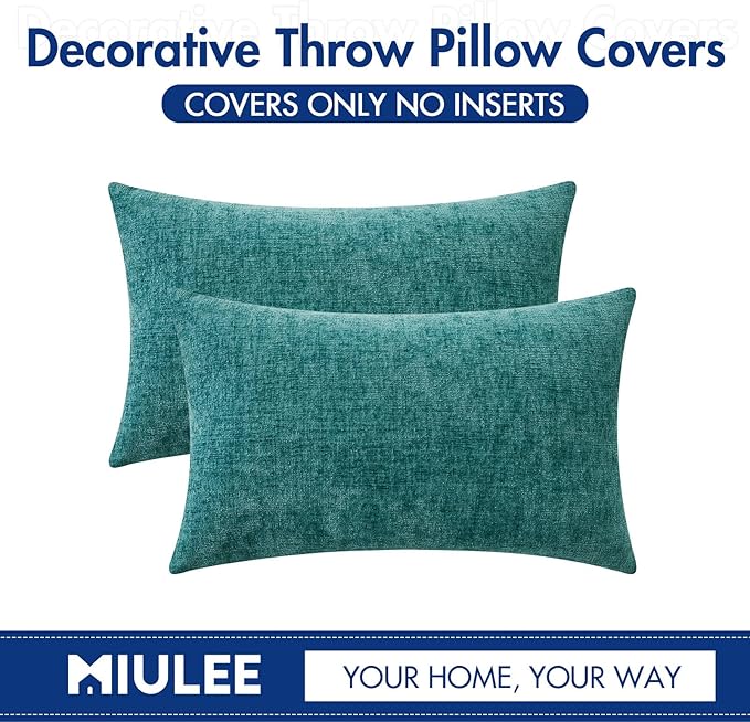 MIULEE Pack of 2 Couch Throw Pillow Covers 12x20 Inch Soft Teal Chenille Pillow Covers for Sofa Living Room Solid Dyed Pillow Cases
