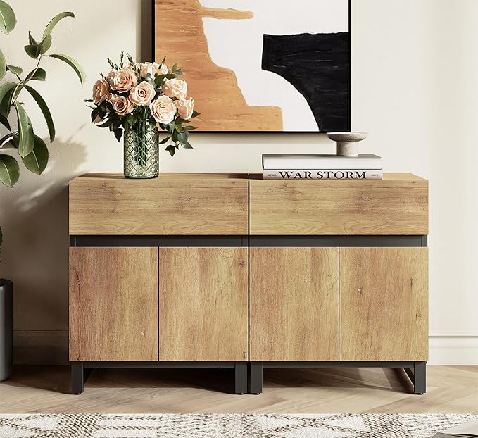 WAMPAT TV Stand and End Table Set of 3, Living Room Table Sets, 35 Inch TV Stand and 2 End Table Set with Drawers for Living Room, Entertainment Center, Console TV Table, Oak