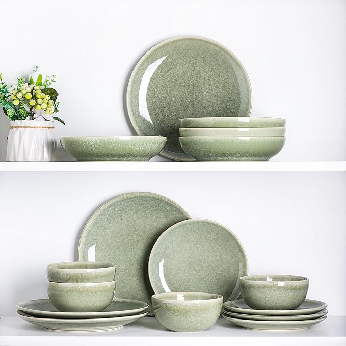 AmorArc Ceramic Dinnerware Sets for 4, 12 Pieces Handpainted Plates and Bowls Set, Scratch Resistant Stoneware Dishes Set, Dishwasher & Microwave Safe, Olive Green