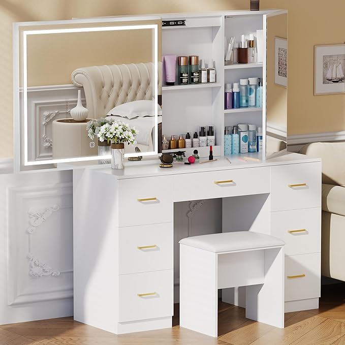Vanity Desk with Lighted Mirror, Makeup Vanity with Sliding Jewelry Storage & Cabinet, White Vanity Set with Adjustable Brightness, Dressing Table with 7 Drawers (Jewelry Storage & Stool)