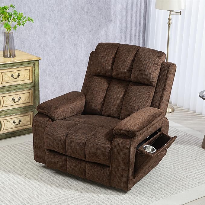 Oversized Lifting Recliners for Seniors, Extended Footrest, Big and Tall Recliners 400 lbs Lay Flat Recliner with Heat & Massage Side Storage Cup Holder for Elderly Relaxing
