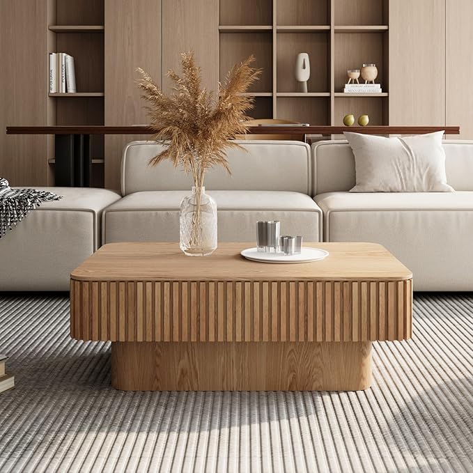 Lift Top Coffee Table for Living Room, Accent Fluted Coffee Table with Storage, Modern Solid Wood Veneered Rectangle Center Tea Table for Small Space Apartment (38.6''D×14''H-Natural)
