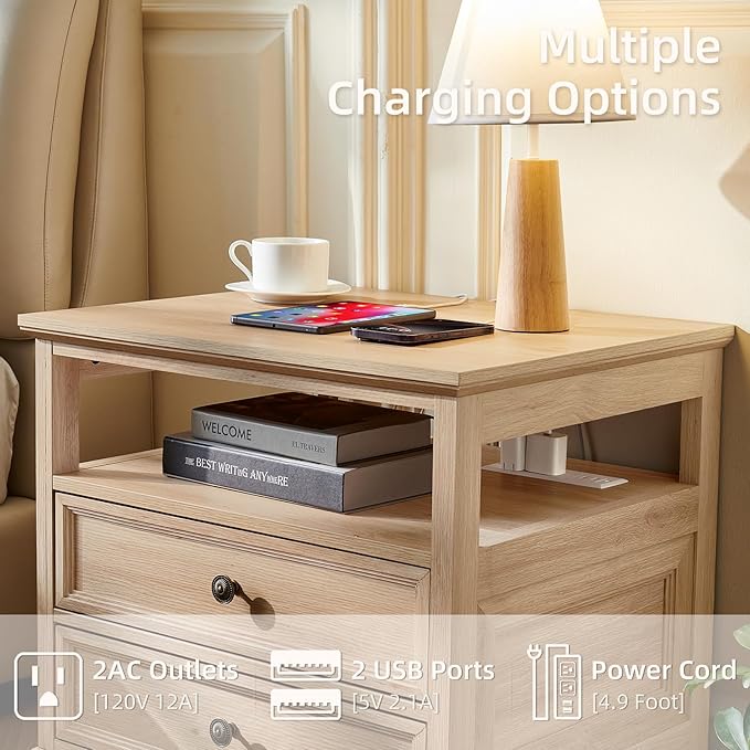 Farmhouse Nightstand with Charging Station, 24" Wide End Table with 2 Drawers, Natural Dresser for Bedroom, Bed Side Table Chest of Drawers Cabinet,Wood Night Stand for Living Room, Closet