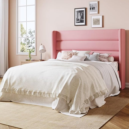 Allewie Full Size Platform Bed Frame with Velvet Upholstered Wingback Headboard, No Box Spring Needed, Under Bed Storage Space, Strong Wooden Slats, Modern Mattress Foundation, Easy Assembly, Pink