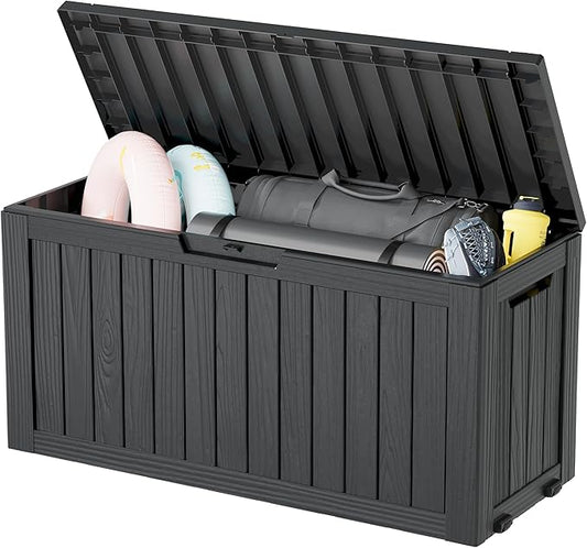75 Gallon Outdoor Storage Box, Waterproof Resin Deck Box with Lockable Lid, Patio Furniture Side Table & Storage Bin for Package Delivery, Patio Cushions, Garden Tools, Pool Accessories, Black