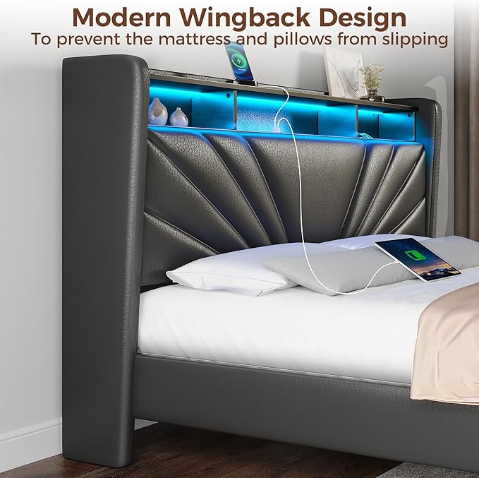 Rolanstar Queen Size Bed Frame, Storage Headboard with Charging Station and LED Lights, Upholstered Bed with Heavy Duty Wood Slats, No Box Spring Needed, Noise Free, Easy Assembly, Black