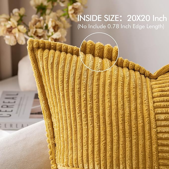MIULEE Decorative Throw Pillow Covers for Couch Bed Livingroom 20x20 Inch Set of 2 Fall Mustard Yellow Boho Accent Throw Pllows Broadside Striped Patchwork Soft Corduroy Pillowcases