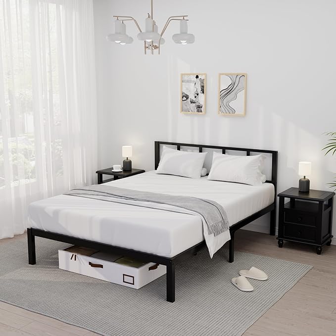 14 Inch Bamboo Bed Frame – Solid Wood Platform Bed Frame, Strong and Stable, with Non-Slip Slats for Support, No Box Spring Needed, Easy to Assemble, Noise-Free (Black with Headboard, Queen)