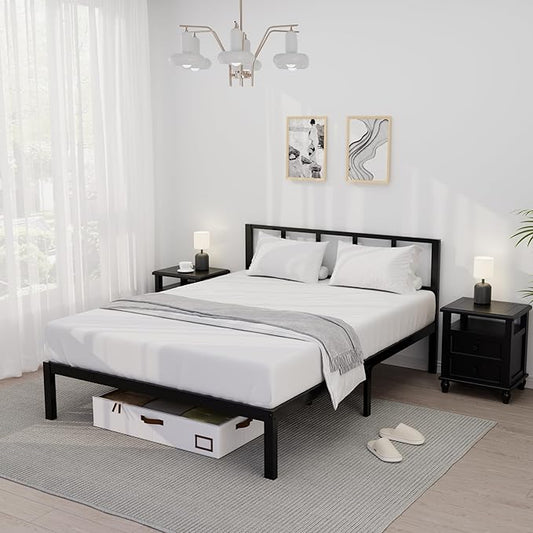 14 Inch Bamboo Bed Frame – Solid Wood Platform Bed Frame, Strong and Stable, with Non-Slip Slats for Support, No Box Spring Needed, Easy to Assemble, Noise-Free (Black with Headboard, Queen)