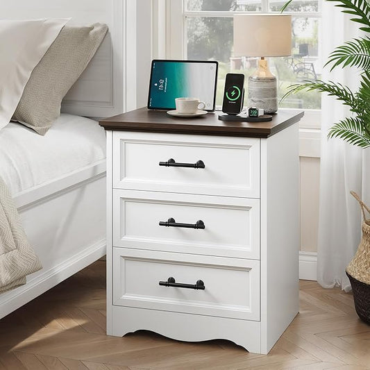 Farmhouse Nightstand with Charging Station, 19.7" End Table with 3 Drawers Storage, White Wooden Night Stand, Bedside Table with Unique Base Design, 3 Drawer Dresser for Bedroom, Living Room