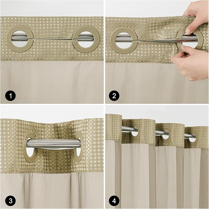 Colorful Star No Hook Shower Curtain with Snap in Fabric Liner, Waffle Weave Heavy Duty Thick Shower Curtains with Mesh Top Window, Hotel Style Waterproof Bathroom Curtain Set, 72 x 81 Inch, Beige