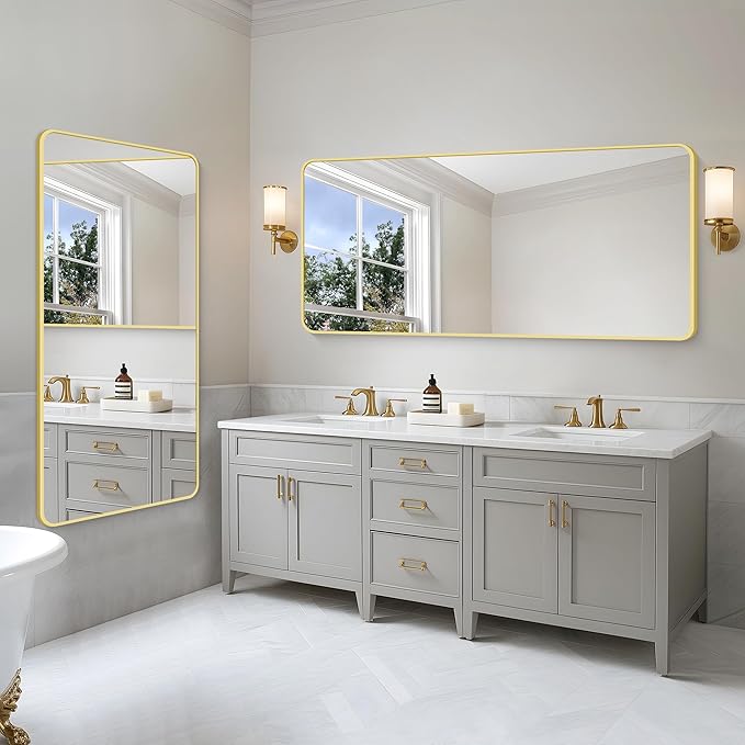 30"x60" Gold Bathroom Mirror, Large Rectangle Mirror, Rectangular Wall Mirror, Rounded Corner Vanity Mirror with Aluminum Metal Frame for Bathroom Bedroom Living Room