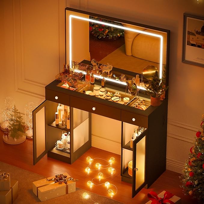 Pamapic Makeup Vanity with Crystal Knobs, Glass Top Vanity Desk with Mirror and Lights, Power Outlet, Drawers and Cabinet, 3 Lighting Color Adjustable Dressing Table, Upgraded Silent Slides, Black