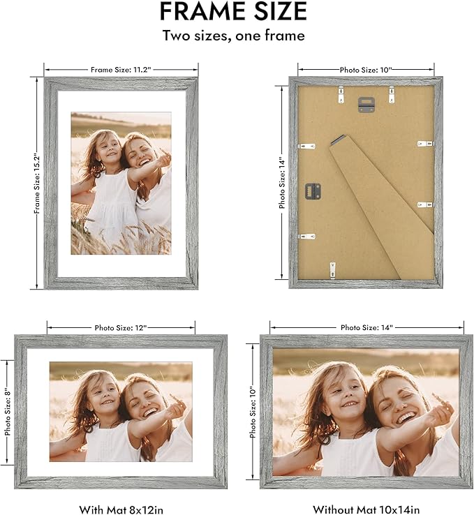 10x14 Picture Frame with Real Glass - 8x12 Wooden Frame with Mat, Horizontal and Vertical Display for Wall or Tabletop (Grey, 1 Pack)