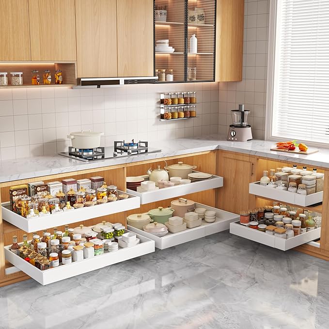 4 Pack Pull Out Cabinet Organizers 21" Deep With Raising Pad for Framed Cabinets, Expandable Width (15.2"-26.3") Slide Out Drawers Upgrade 3 Slide Rails, Roll Out Shelves Adhesive, White