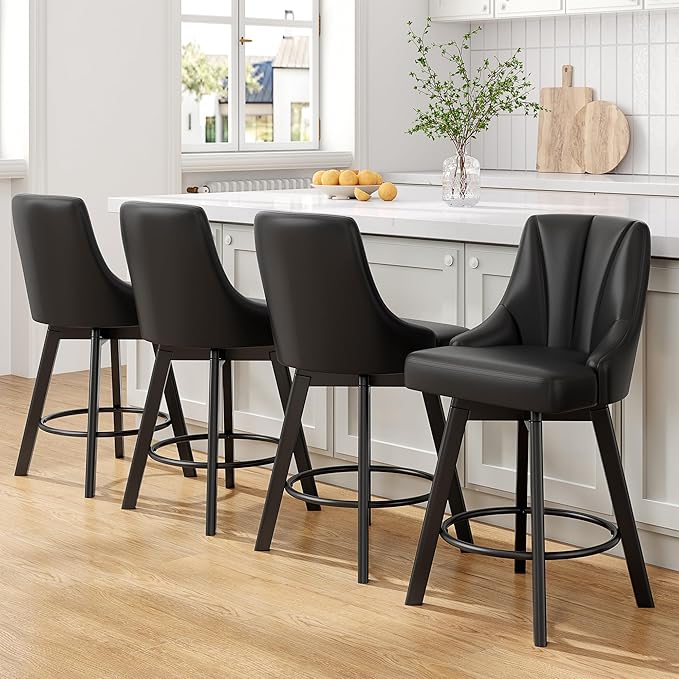 Swivel Bar Stools with Backs, 24" Counter Height Barstools, PU Leather Upholstered Counter Bar Stools with Solid Wood Legs for Kitchen Island, Home Bar, Black