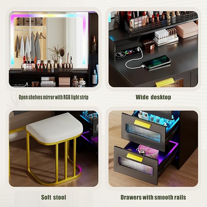 Vanity Desk with Mirror and RGB Lights, Makeup Vanity Desk with Wireless Charging Station,Large Dressing Table Set with Stool,LED Vanity Table with 6 Drawers/Cabinet/Shelves for Bedroom, Black