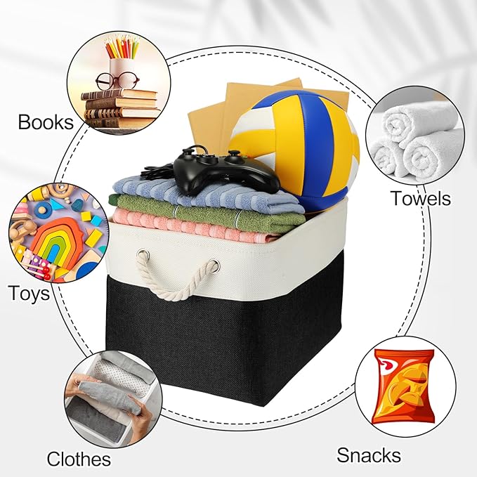 meekoo 8 Pack Collapsible Storage Bins Fabric Storage Bins Polyester Fabric Baskets with Handles Linen Closet Organizer for Shelf Home Closet Towels Toys(15 x 11 x 9.5 in,Black White)