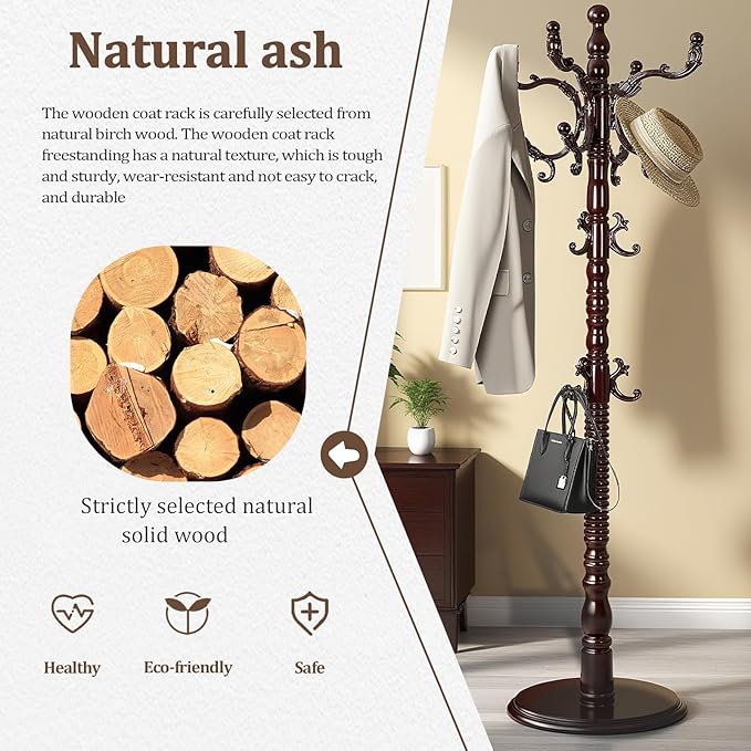 73”Vintage Wooden Coat Rack Freestanding With 14 Hooks and Sturdy Round Base。3-level Adjustable Vintage Wooden Coat Rack.Coat Rack Stand for Living Room Bedroom Office (Mahogany)