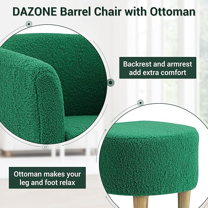 DAZONE Sherpa Accent Chair with Ottoman, Forest Green Cozy Barrel Armchair for Adults, Upholstered Living Room Chair with Footrest, Small Space Reading Chair for Bedroom, Apartment, Home Office