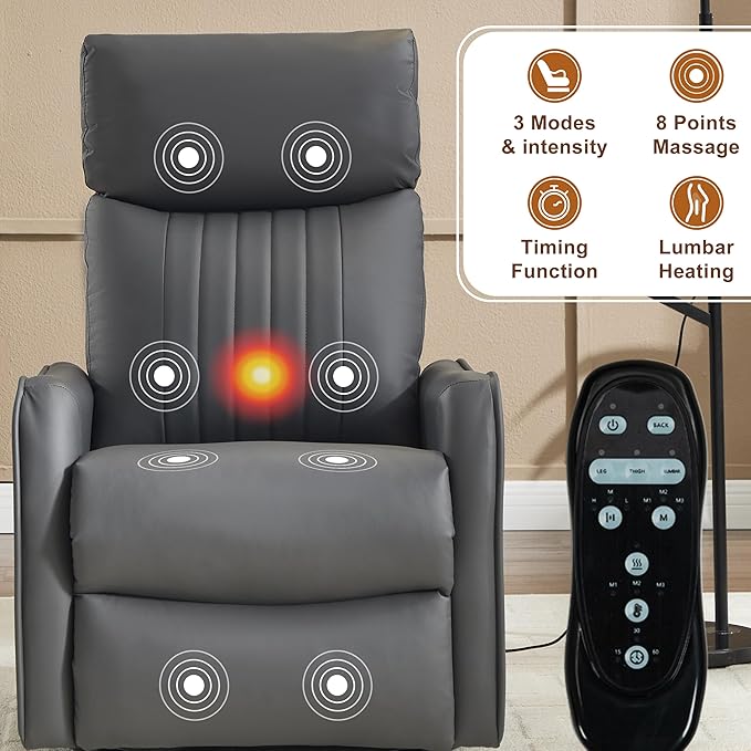Manual Swivel Rocker Recliner Chair for Adults, Overstuffed Recliner Glider with Massage and Heat, Living Room Reclining Chair, PU Leather Gray
