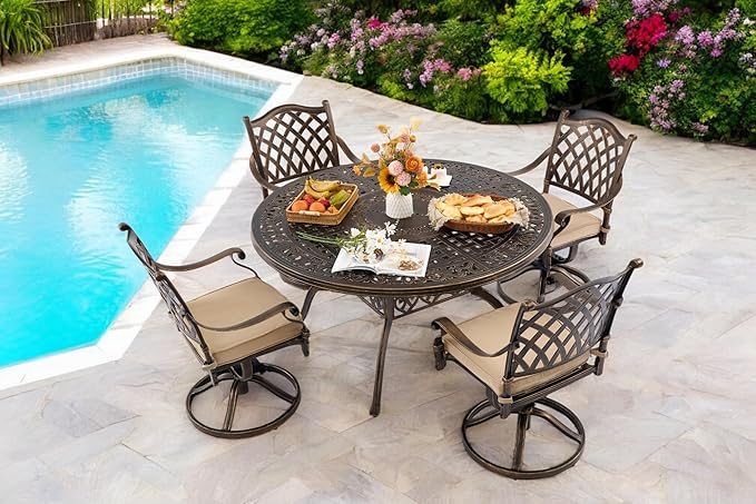 5 Piece Outdoor Dining Set Cast Aluminum, Retro Patio Dining Furniture Set for 4 Includes 54’’ Round Table 4 Chairs with Thicker Cushion and Umbrella Hole for Patio Deck Garden