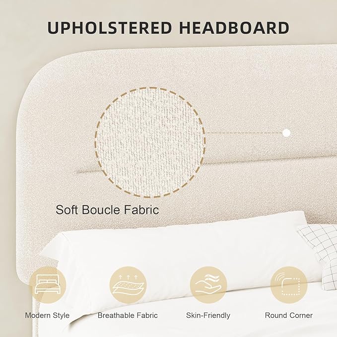 Queen Bed Frame with Headboard, Boucle Upholstered Soft Platform Bed Frame with Thickened Footboard, Rounded Corners Design, No Box Spring Required, Easy Assembly, Cream