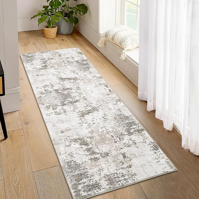 2x6 Modern Abstract Runner Rug Non Slip Soft Stain Resistant Low Pile Machine Washable Non Shed Rug for Hallway Kitchen Bathroom, Taupe/Beige
