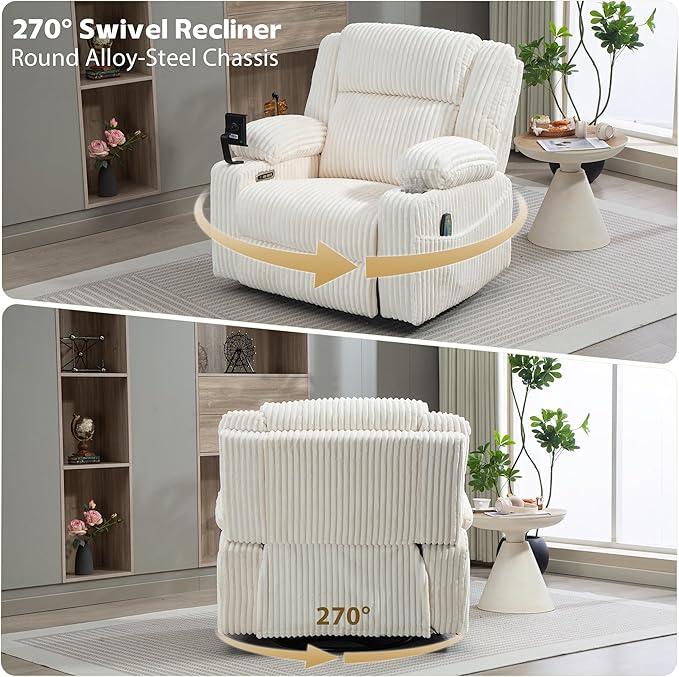 Dual Motor Power Oversized Swivel Rocker Recliner Chair with Adjustable Headrest for Adults, Glider Rocking Chairs with Vibration and Heat, USB Type C, Armrest Storage, Cream White