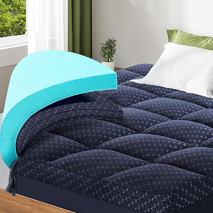 Dual Layer 3 Inch Memory Foam Mattress Topper California King Size, 2 Inch Gel Memory Foam Plus 1 Inch Cooling Pillow Top Mattress Pad Cover, with 8-21 Inch Deep Pocket, Navy Blue