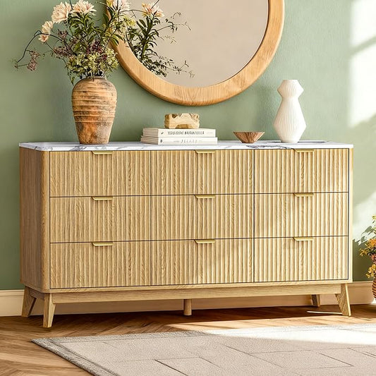 Fluted 9 Drawer Dresser, 57" Wide Chest of Drawers with Faux Marble Top,Modern Dresser TV Stand, Wood Closet Clothes Storage Organizer with Curved Edges for Bedroom, Living Room, Natural