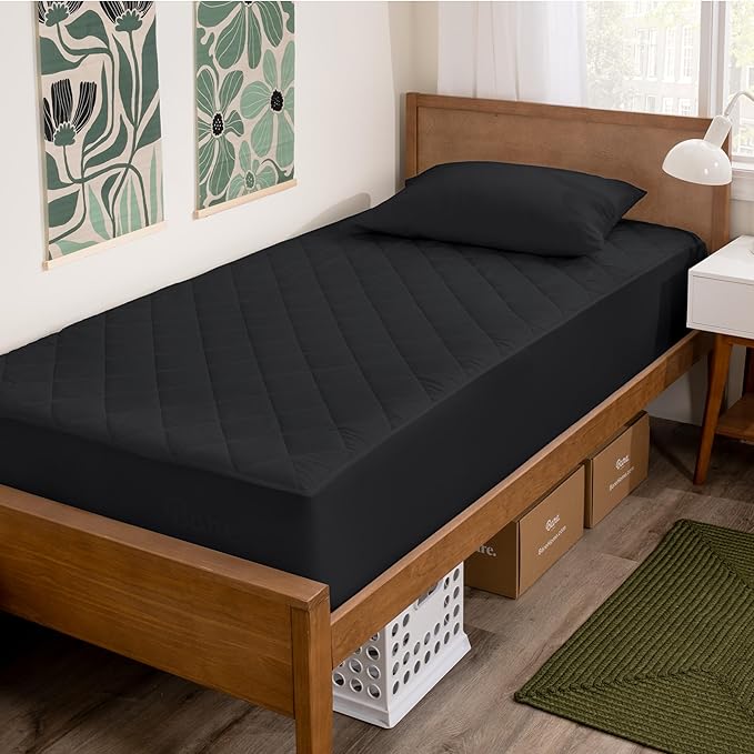 Bare Home Twin Quilted Fitted Mattress Pad - Cooling Mattress Cover - Easily Washable - Elastic Fitted Cover for Mattress - Stretch-to-Fit up to 15 Inches Deep (Twin, Black)