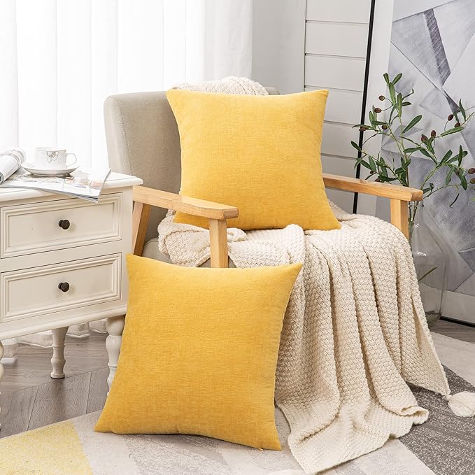 GAWAMAY Decorative Throw Pillow Covers 16x16 Inch Set of 2, Super Soft Chenille Square Pillows Farmhouse Fall Pillowcase for Living Room Bedroom Sofa Couch Cushion Cover Mustard Yellow 40x40cm