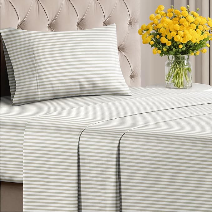 Striped Sheets - Grey Striped Sheets - 1 Flat & 1 Fitted & 1 Pillowcase w/ Deep Pockets – Wrinkle & Fade Resistant - Ultra-Soft, Breathable and Cooling – Luxury Pinstripe Bedding - Twin Size Bed Set