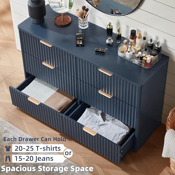 LEYAOYAO Fluted 6 Drawers Dresser Set of 2, 48" Wide Modern Chest of Drawers with Metal Handle, Navy Blue Curved Profile Dresser TV Stand, Wooden Drawer Organizer for Bedroom, Living Room, Hallway