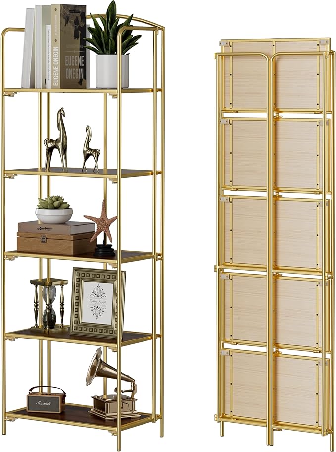 Crofy No Assembly Folding Bookshelf for Living Room, 5 Tier Gold Collapsible Book Shelf for Home Office, Portable Bookcase Storage Organizer
