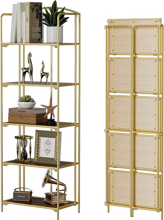 Crofy No Assembly Folding Bookshelf for Living Room, 5 Tier Gold Collapsible Book Shelf for Home Office, Portable Bookcase Storage Organizer