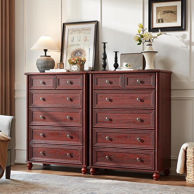 Farmhouse 6 Drawer Dresser Set of 2, Red Oak Chest of Drawers, 43.5" Tall Dressers for Bedroom with Roman Column and Metal Handles, Rustic Wood Storage Organizer for Living Room, Hallway, Closet