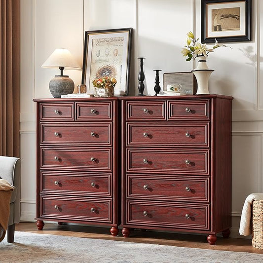 Farmhouse 6 Drawer Dresser Set of 2, Red Oak Chest of Drawers, 43.5" Tall Dressers for Bedroom with Roman Column and Metal Handles, Rustic Wood Storage Organizer for Living Room, Hallway, Closet