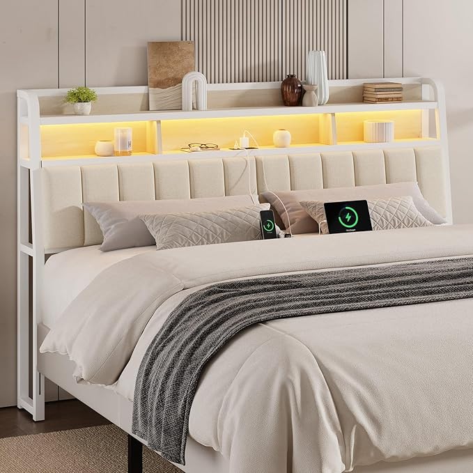 Ergonomic Headboard for King Size Bed with 2-Tier Storage, Upholstered Headboards with Outlets, USB Ports, LED Light, King Head Board Only, Height Adjustable, Sturdy and Stable, White